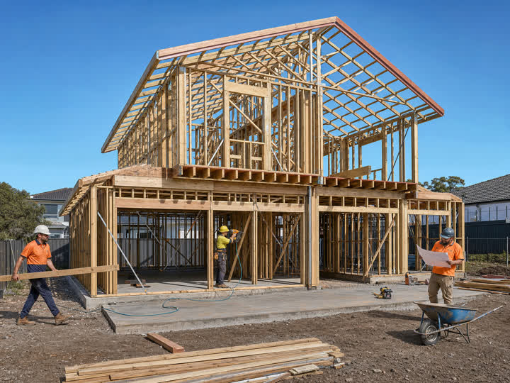 Builders framing a new two-storey home