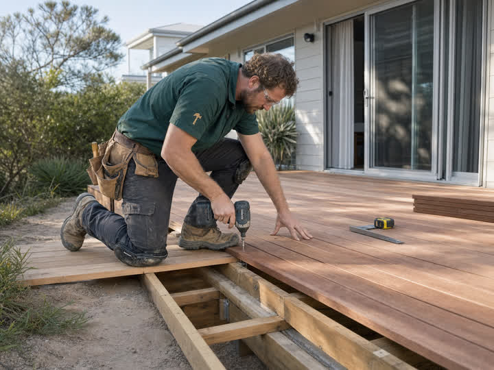 A carpenter fitting custom timber cabinetry in a kitchen