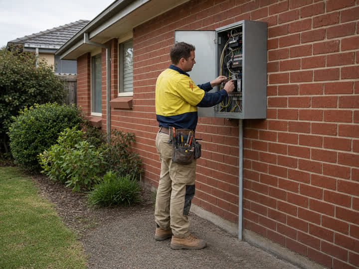 An electrician working at a home switchboard