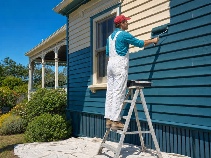 A painter cutting in the edge of a living room wall